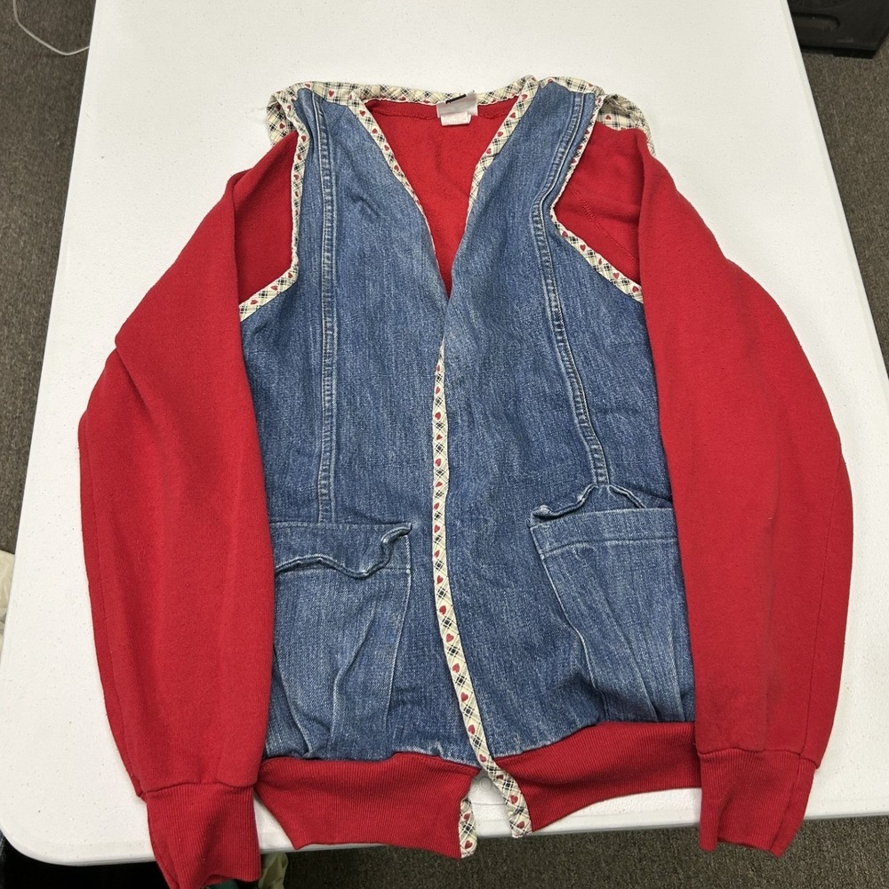 Custom Lee Denim Vest Layered Sweatshirt Womens XL Red Blue Vintage Made in USA